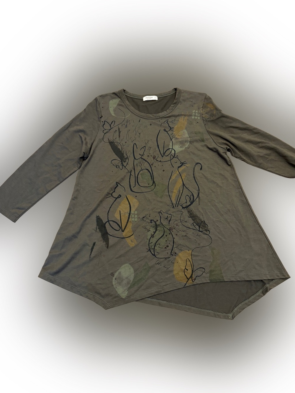 Olive Green Cat Graphic Long Sleeve Women’s Top Size L Made in USA